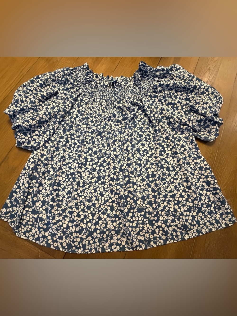 CeCe Navy Blue Floral Off-Shoulder Puff Sleeve Blouse